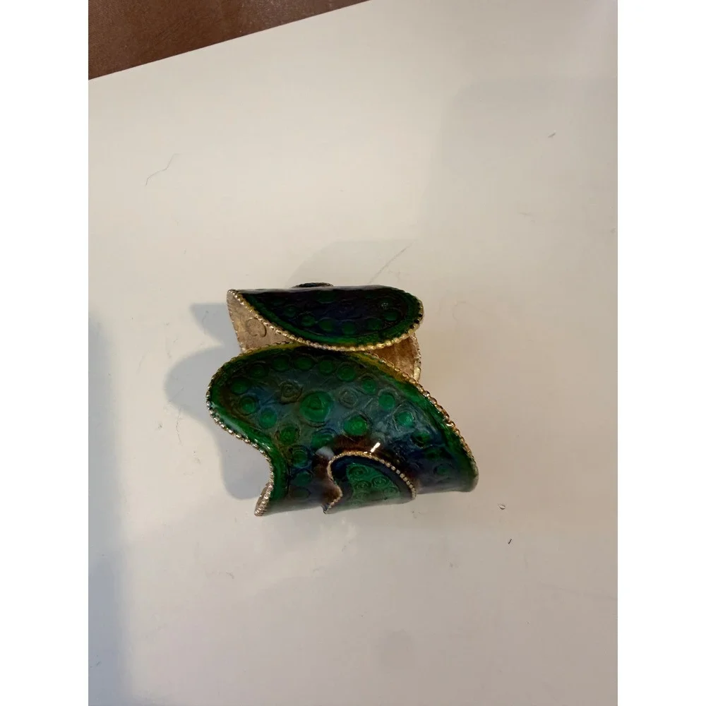 Green Blue Enamel Paisley Hinged Cuff Bracelet Gold Tone Statement Wide Band